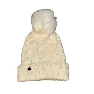 Express Ivory Cream Cable Knit Cuffed Pom Beanie Winter Hat